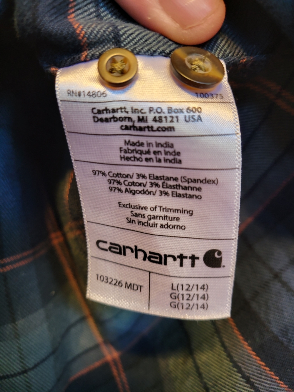 Carhartt Women's Plaid Button-Down Shirt Blue & Green Size Large Cotton Stretch - Picture 3 of 8